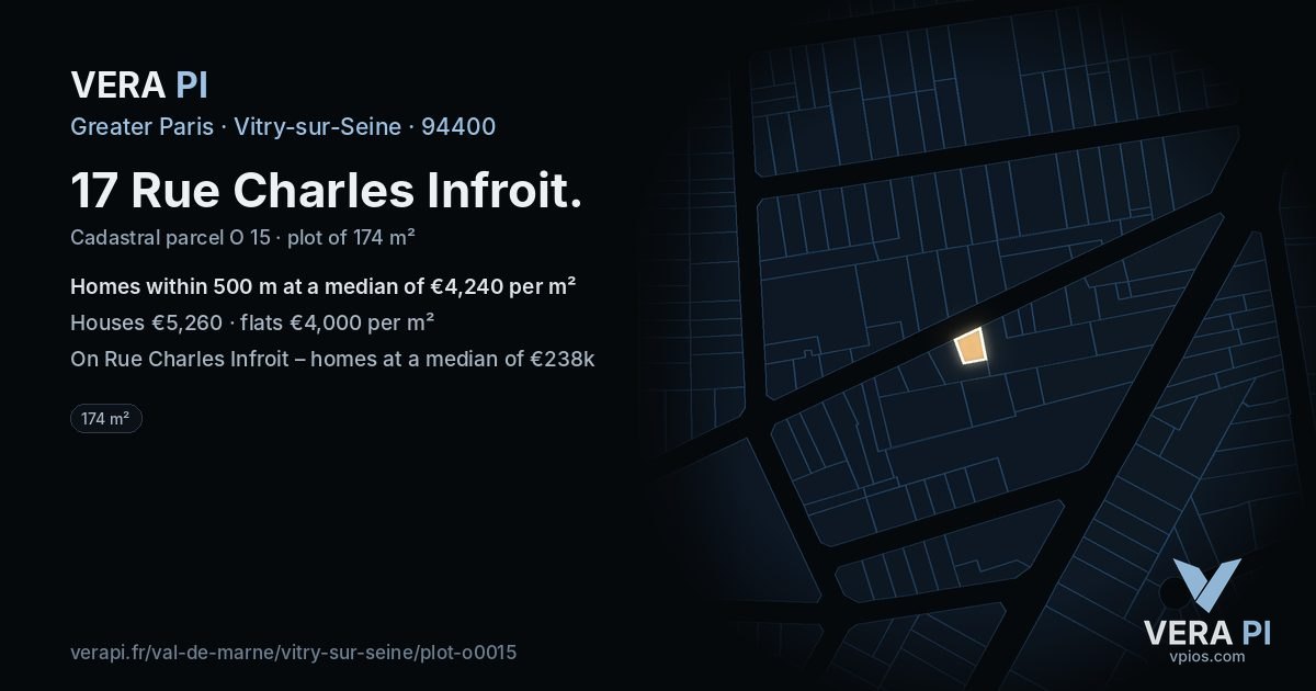 17 Rue Charles Infroit, Vitry-sur-Seine at night – the plot lit, the parcels around coloured by the prices near them