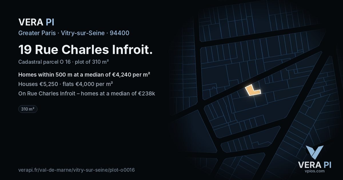 19 Rue Charles Infroit, Vitry-sur-Seine at night – the plot lit, the parcels around coloured by the prices near them