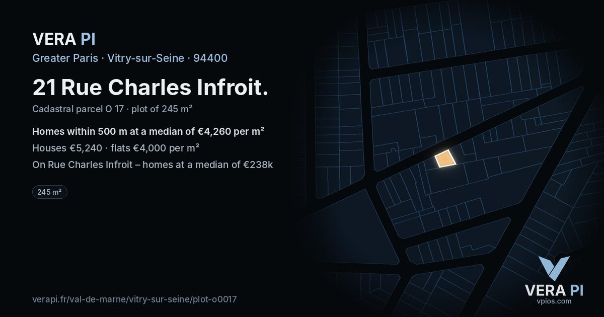 21 Rue Charles Infroit, Vitry-sur-Seine at night – the plot lit, the parcels around coloured by the prices near them