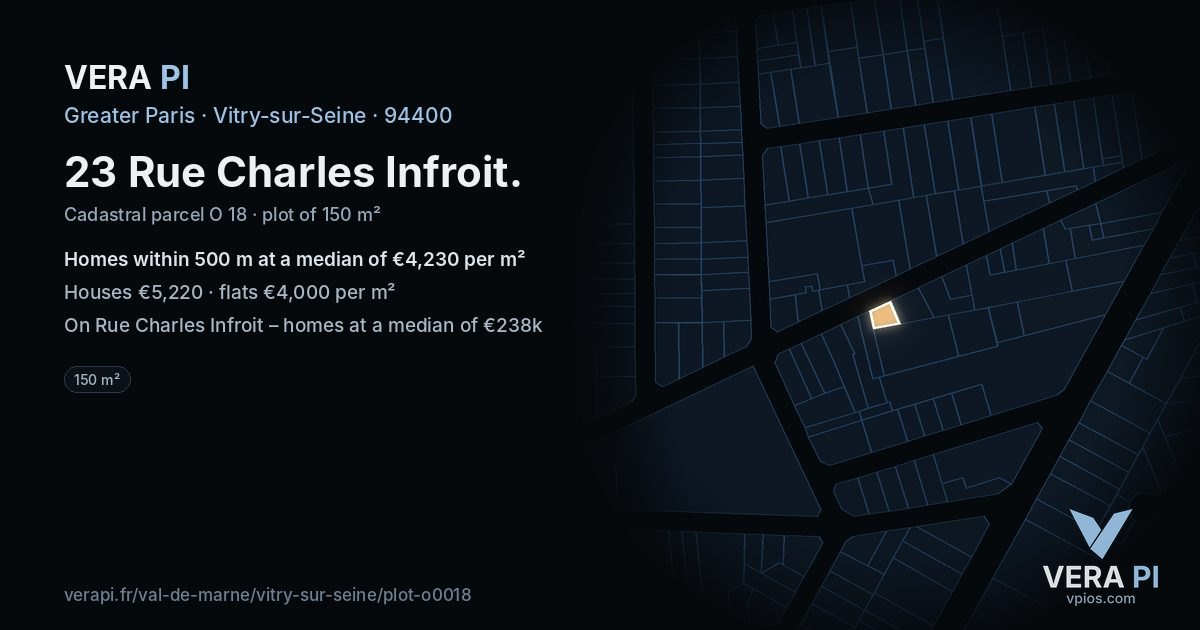 23 Rue Charles Infroit, Vitry-sur-Seine at night – the plot lit, the parcels around coloured by the prices near them