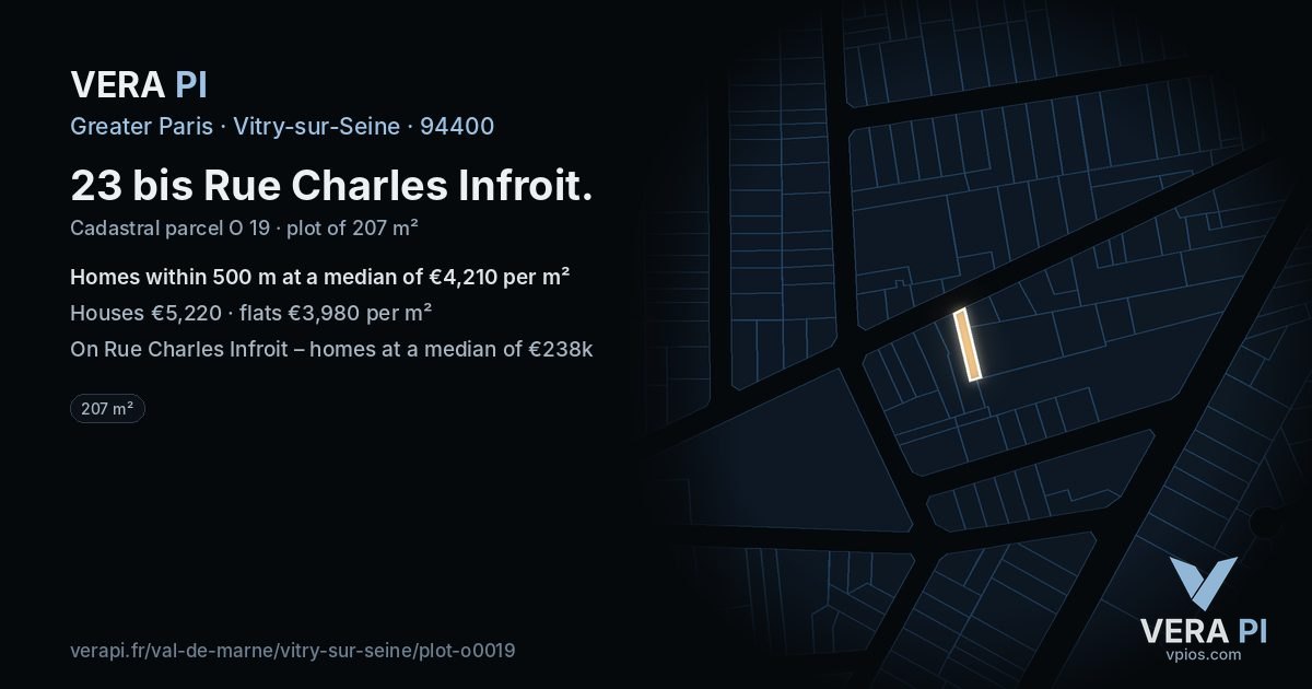 23 bis Rue Charles Infroit, Vitry-sur-Seine at night – the plot lit, the parcels around coloured by the prices near them