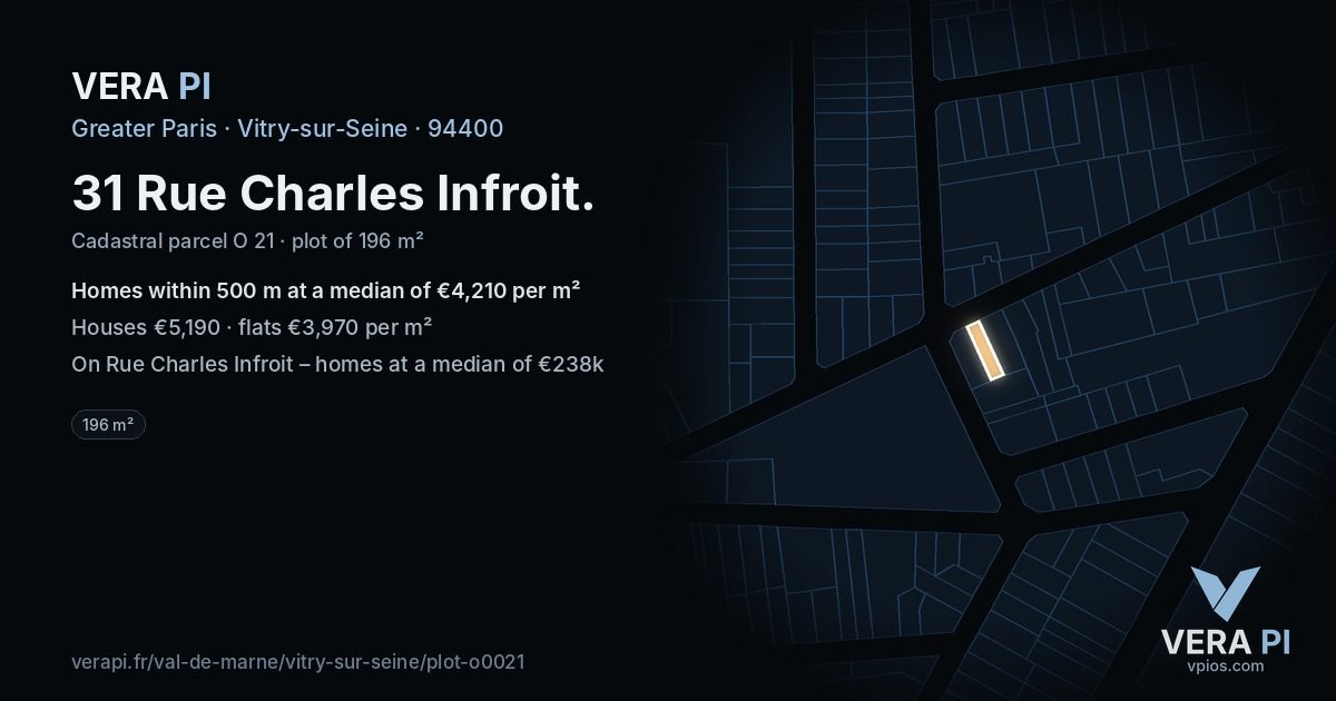 31 Rue Charles Infroit, Vitry-sur-Seine at night – the plot lit, the parcels around coloured by the prices near them