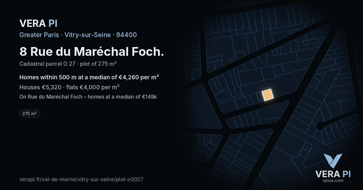 8 Rue du Maréchal Foch, Vitry-sur-Seine at night – the plot lit, the parcels around coloured by the prices near them