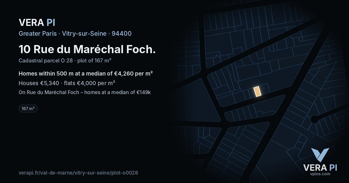 10 Rue du Maréchal Foch, Vitry-sur-Seine at night – the plot lit, the parcels around coloured by the prices near them