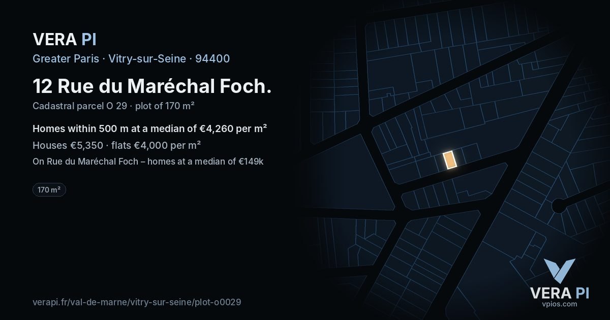 12 Rue du Maréchal Foch, Vitry-sur-Seine at night – the plot lit, the parcels around coloured by the prices near them