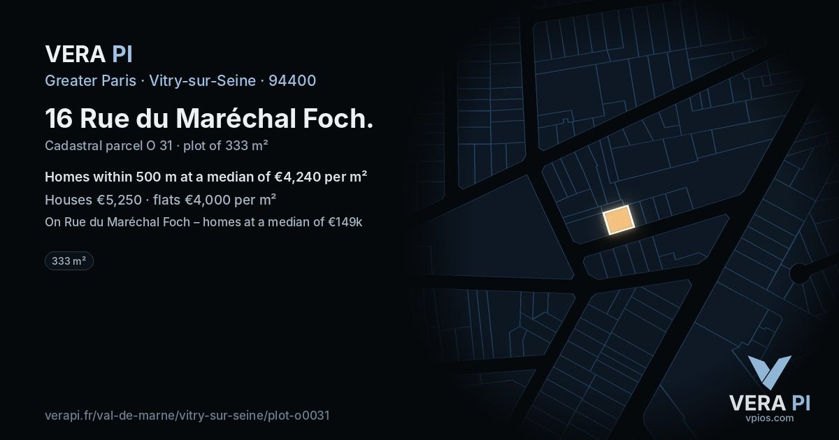 16 Rue du Maréchal Foch, Vitry-sur-Seine at night – the plot lit, the parcels around coloured by the prices near them