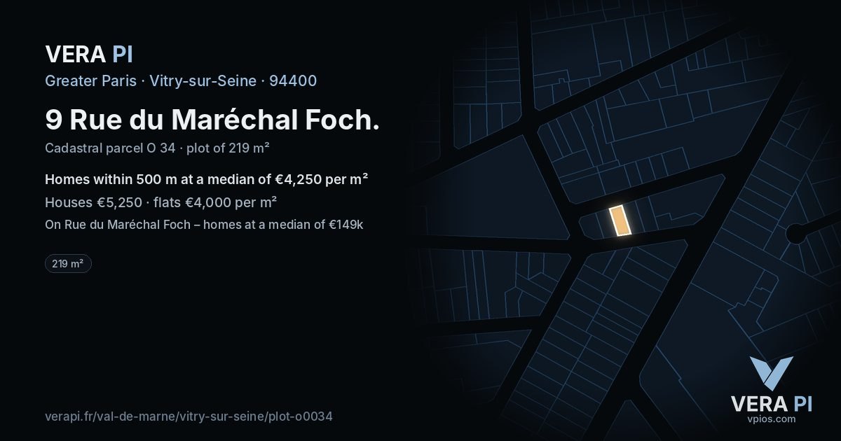 9 Rue du Maréchal Foch, Vitry-sur-Seine at night – the plot lit, the parcels around coloured by the prices near them