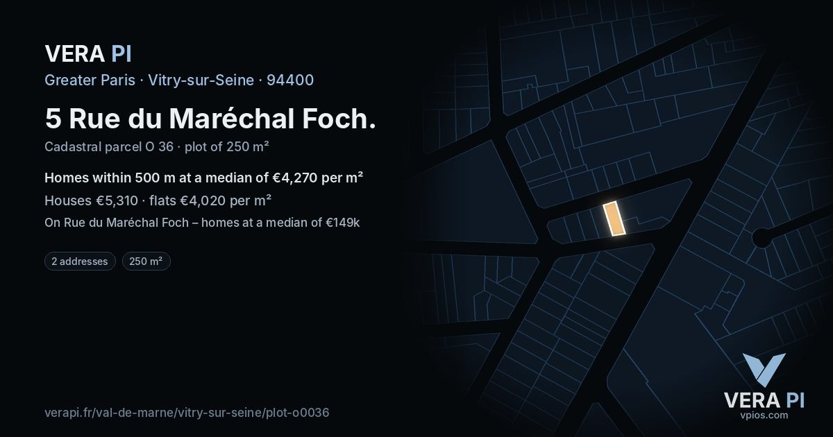 5 Rue du Maréchal Foch, Vitry-sur-Seine at night – the plot lit, the parcels around coloured by the prices near them