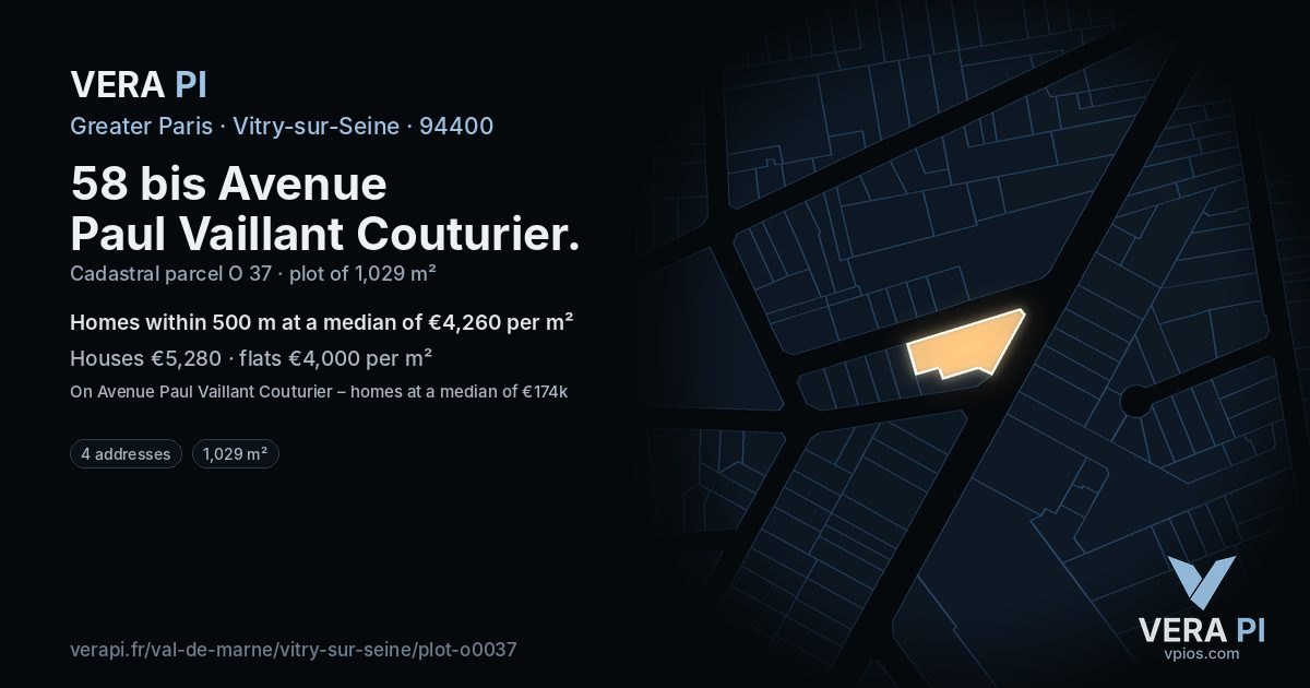 58 bis Avenue Paul Vaillant Couturier, Vitry-sur-Seine at night – the plot lit, the parcels around coloured by the prices near them