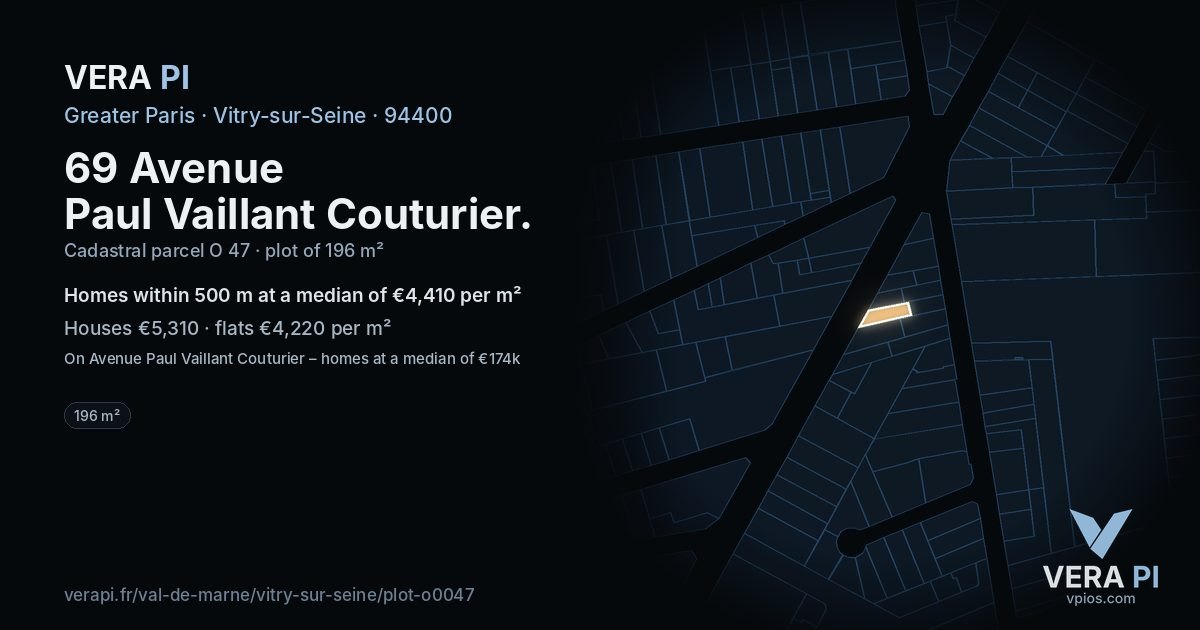 69 Avenue Paul Vaillant Couturier, Vitry-sur-Seine at night – the plot lit, the parcels around coloured by the prices near them