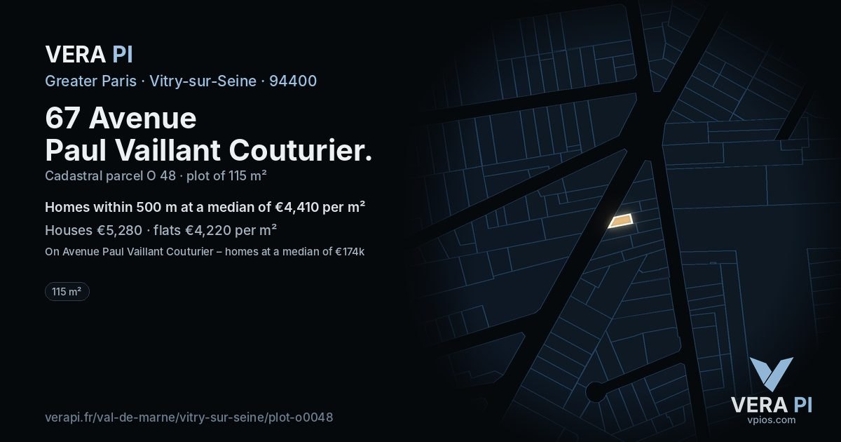 67 Avenue Paul Vaillant Couturier, Vitry-sur-Seine at night – the plot lit, the parcels around coloured by the prices near them