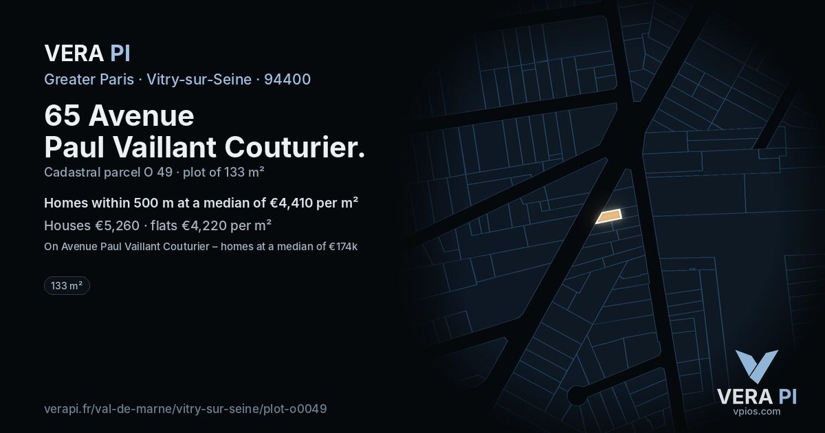 65 Avenue Paul Vaillant Couturier, Vitry-sur-Seine at night – the plot lit, the parcels around coloured by the prices near them