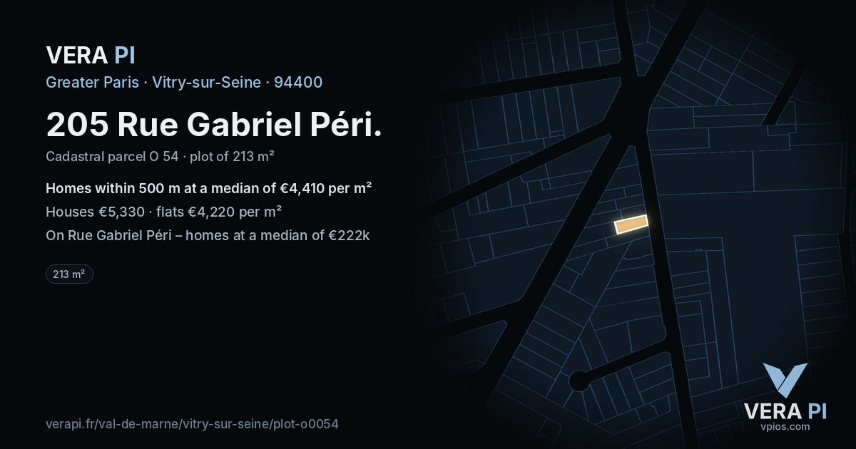 205 Rue Gabriel Péri, Vitry-sur-Seine at night – the plot lit, the parcels around coloured by the prices near them