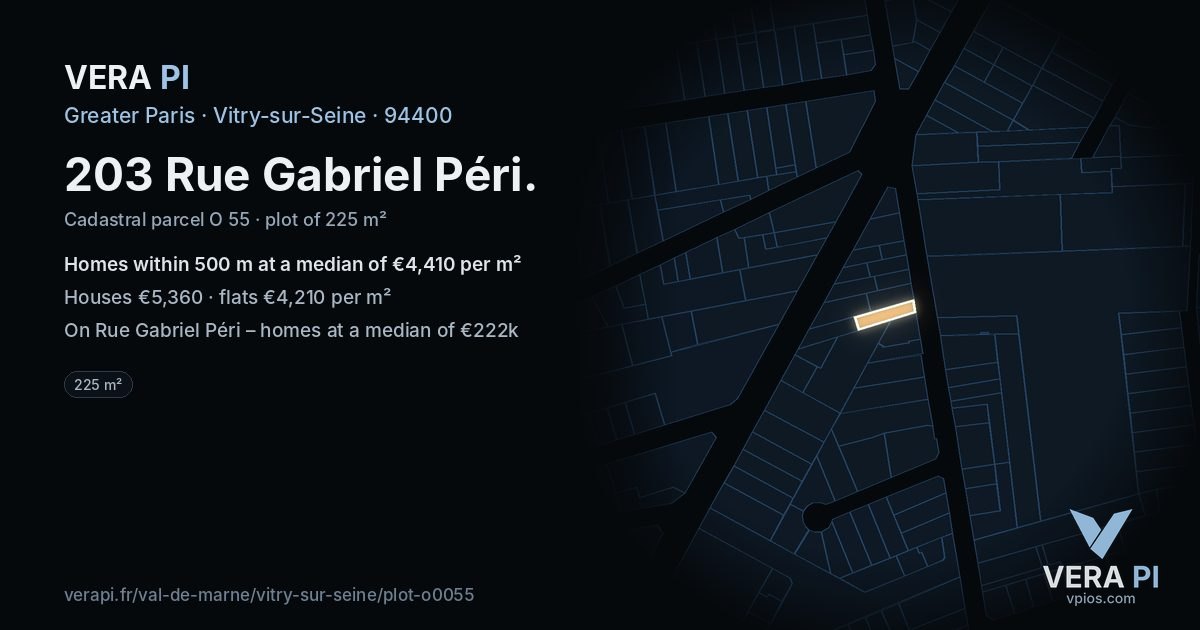 203 Rue Gabriel Péri, Vitry-sur-Seine at night – the plot lit, the parcels around coloured by the prices near them