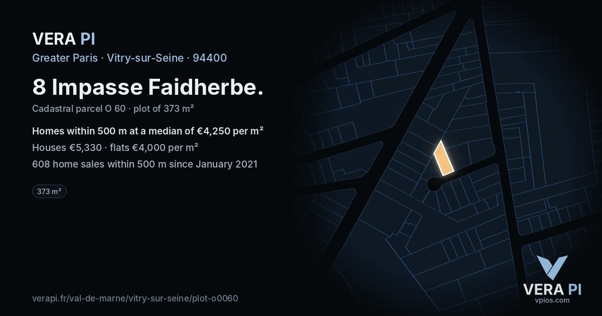 8 Impasse Faidherbe, Vitry-sur-Seine at night – the plot lit, the parcels around coloured by the prices near them