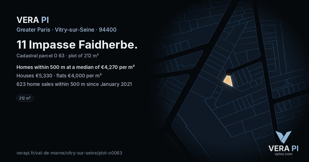 11 Impasse Faidherbe, Vitry-sur-Seine at night – the plot lit, the parcels around coloured by the prices near them