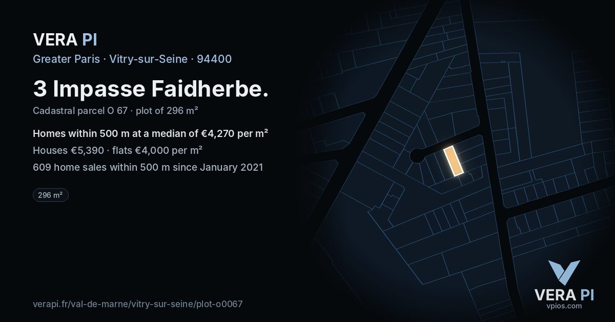 3 Impasse Faidherbe, Vitry-sur-Seine at night – the plot lit, the parcels around coloured by the prices near them