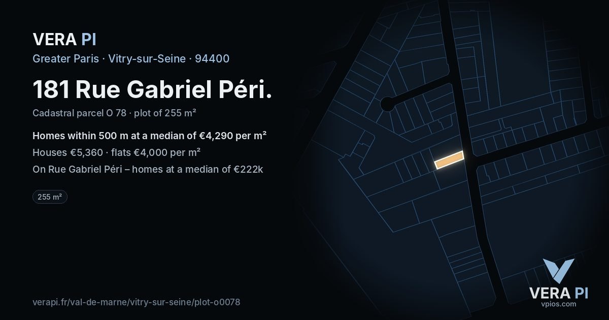 181 Rue Gabriel Péri, Vitry-sur-Seine at night – the plot lit, the parcels around coloured by the prices near them