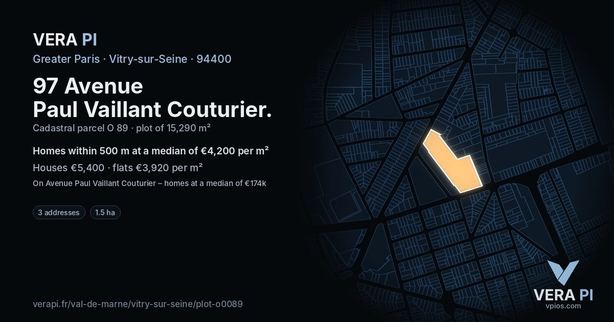 97 Avenue Paul Vaillant Couturier, Vitry-sur-Seine at night – the plot lit, the parcels around coloured by the prices near them