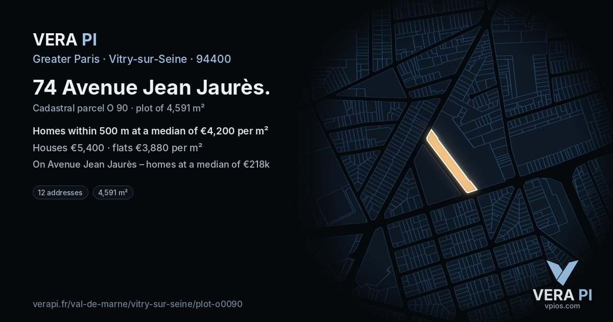 74 Avenue Jean Jaurès, Vitry-sur-Seine at night – the plot lit, the parcels around coloured by the prices near them
