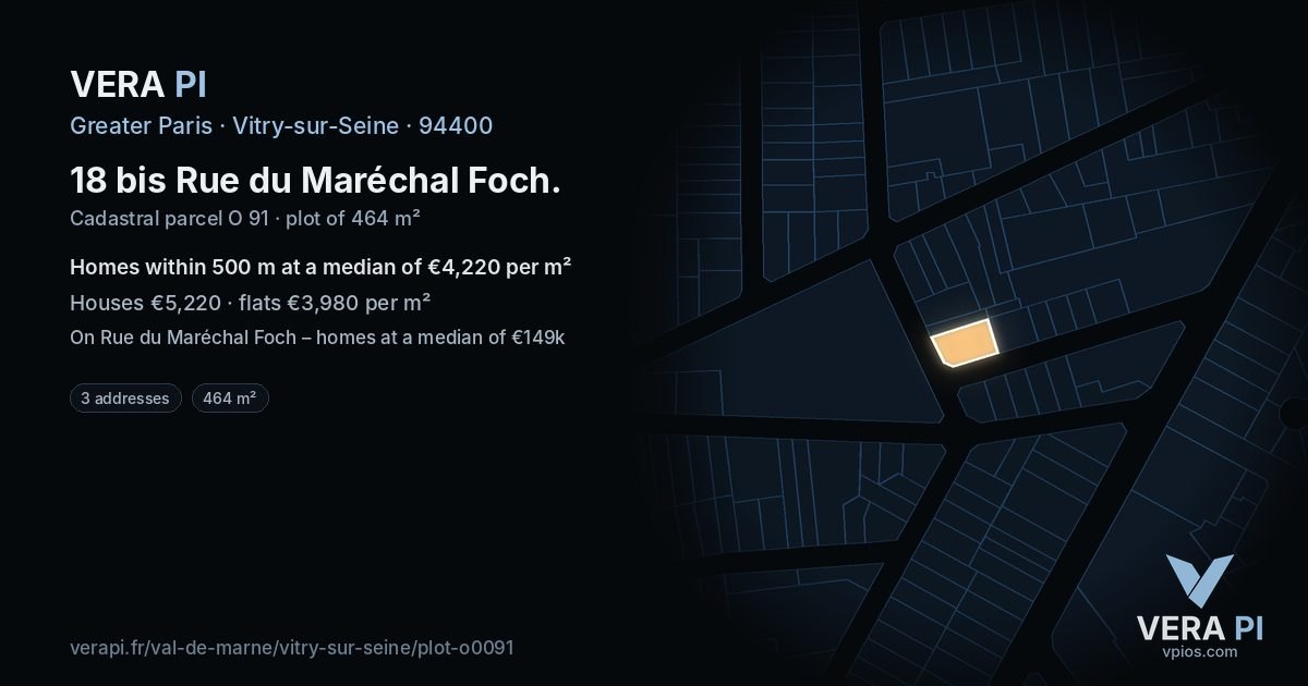 18 bis Rue du Maréchal Foch, Vitry-sur-Seine at night – the plot lit, the parcels around coloured by the prices near them