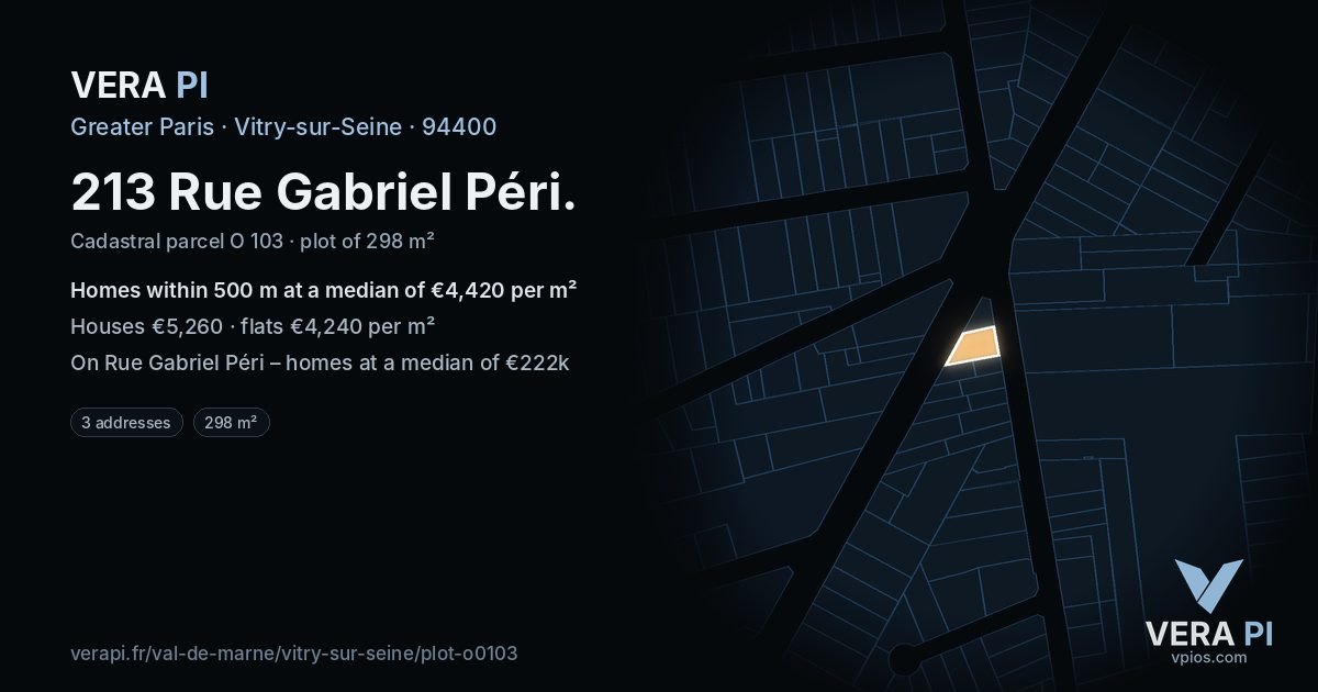 213 Rue Gabriel Péri, Vitry-sur-Seine at night – the plot lit, the parcels around coloured by the prices near them