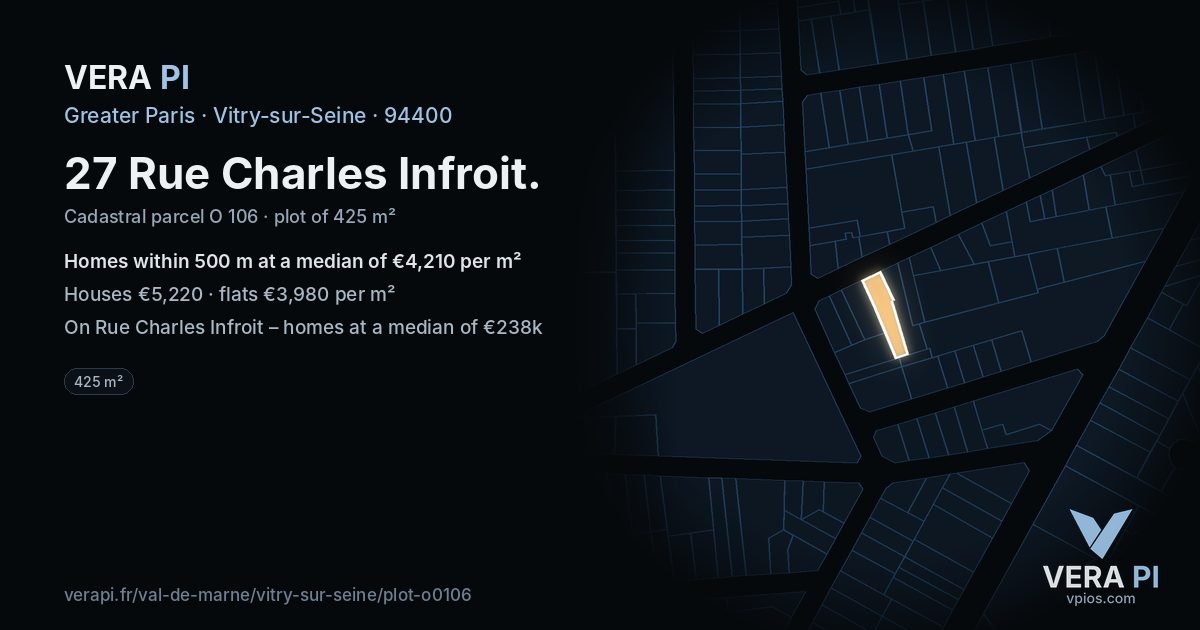 27 Rue Charles Infroit, Vitry-sur-Seine at night – the plot lit, the parcels around coloured by the prices near them