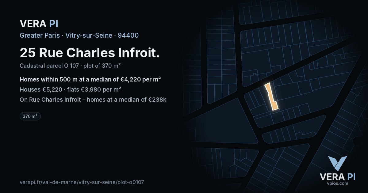 25 Rue Charles Infroit, Vitry-sur-Seine at night – the plot lit, the parcels around coloured by the prices near them