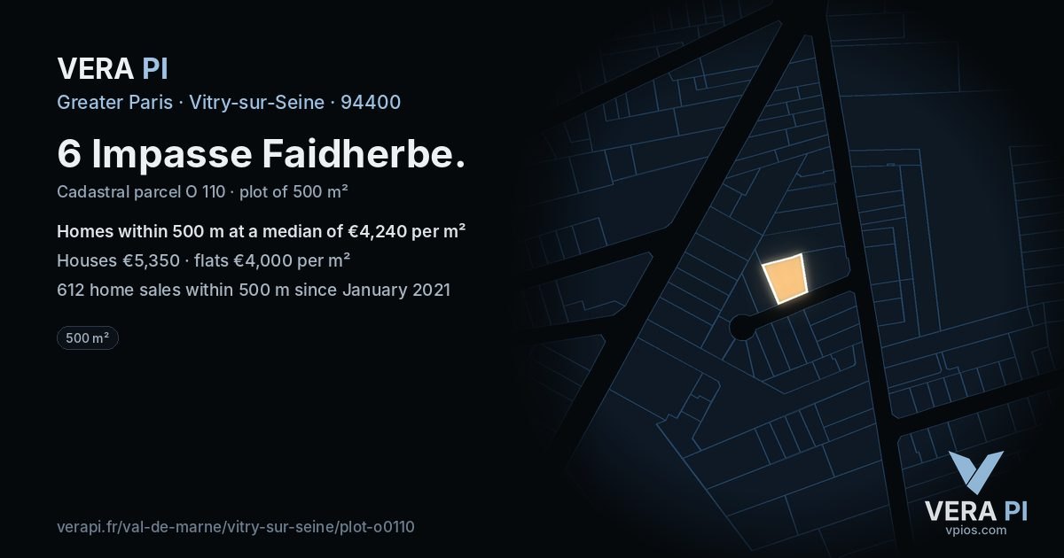 6 Impasse Faidherbe, Vitry-sur-Seine at night – the plot lit, the parcels around coloured by the prices near them