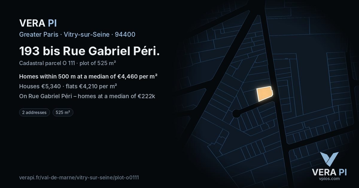 193 bis Rue Gabriel Péri, Vitry-sur-Seine at night – the plot lit, the parcels around coloured by the prices near them