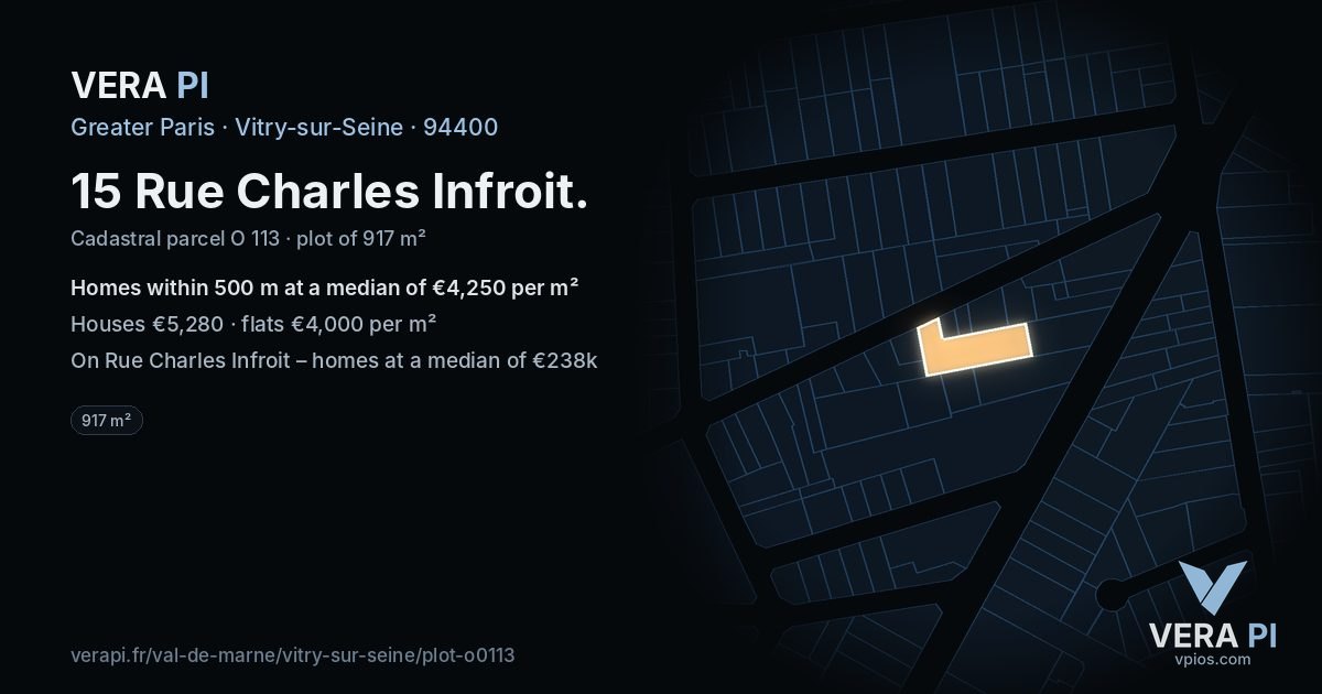 15 Rue Charles Infroit, Vitry-sur-Seine at night – the plot lit, the parcels around coloured by the prices near them