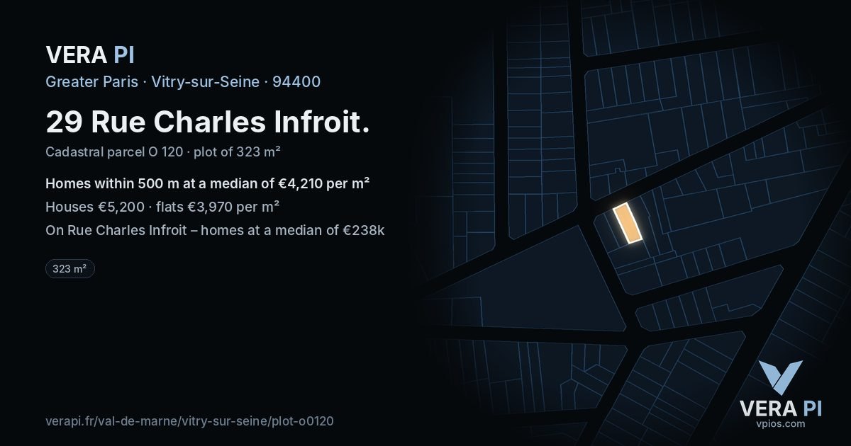 29 Rue Charles Infroit, Vitry-sur-Seine at night – the plot lit, the parcels around coloured by the prices near them