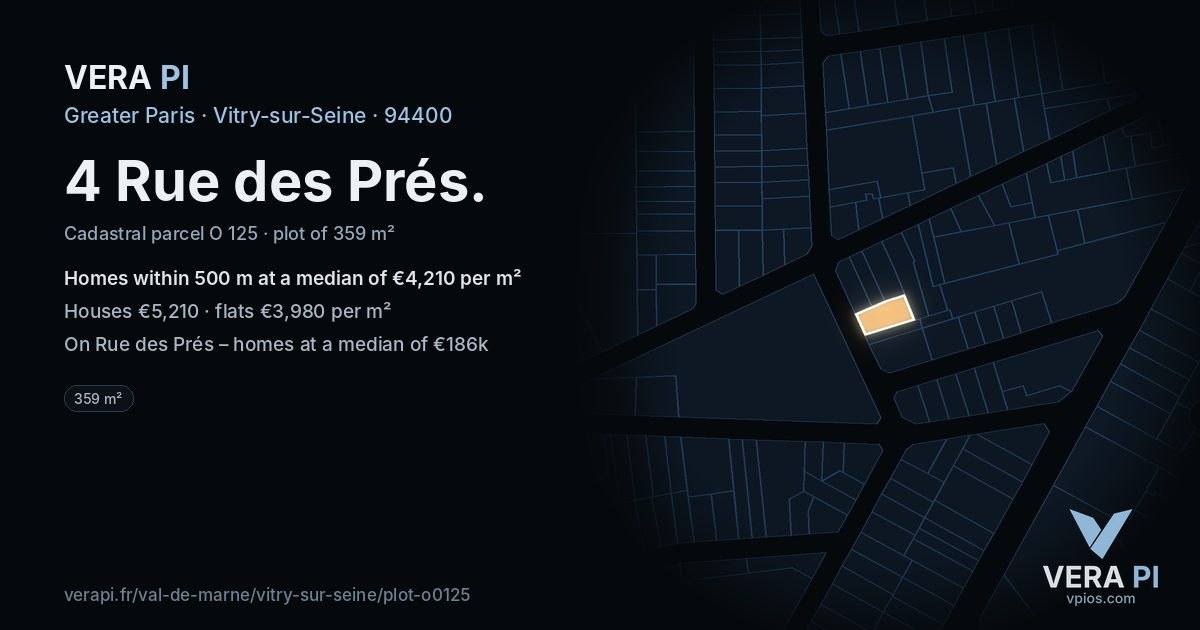 4 Rue des Prés, Vitry-sur-Seine at night – the plot lit, the parcels around coloured by the prices near them
