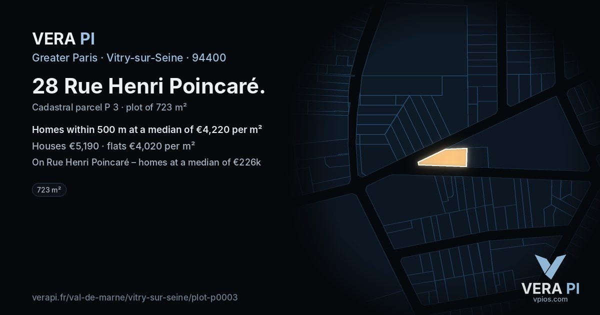 28 Rue Henri Poincaré, Vitry-sur-Seine at night – the plot lit, the parcels around coloured by the prices near them