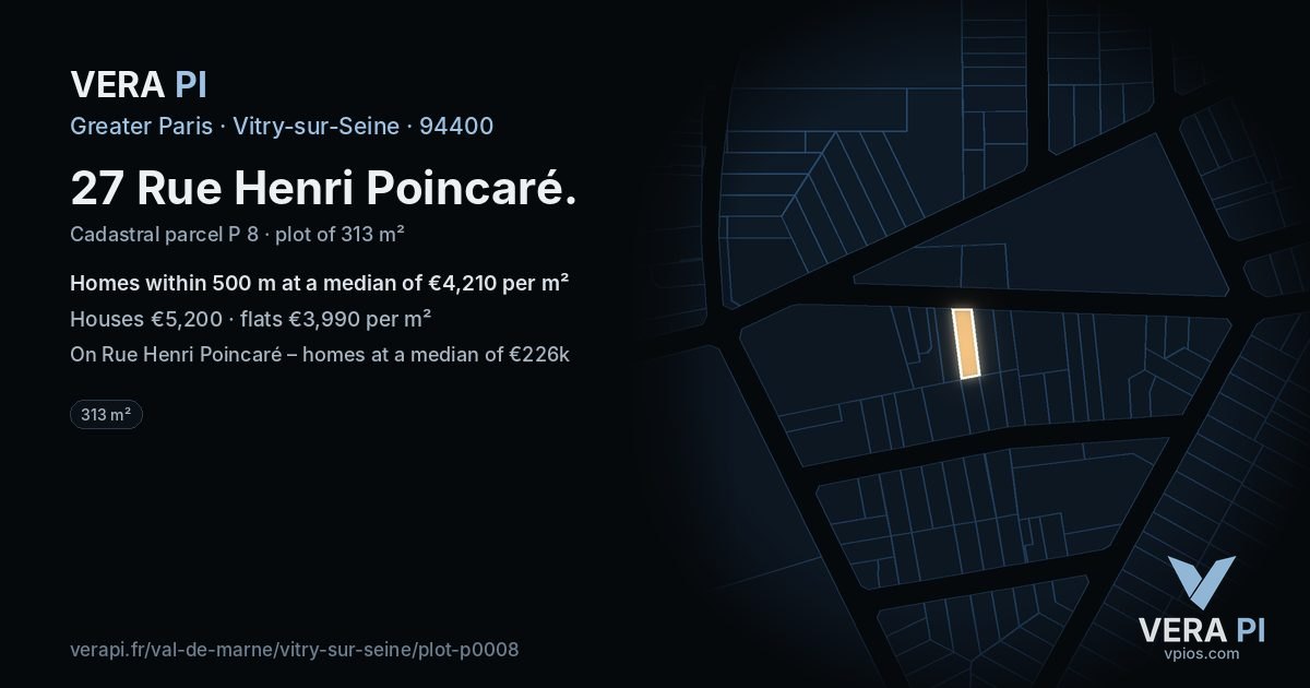 27 Rue Henri Poincaré, Vitry-sur-Seine at night – the plot lit, the parcels around coloured by the prices near them