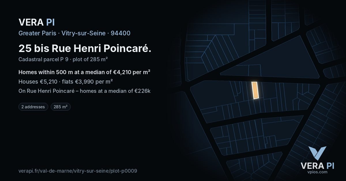 25 bis Rue Henri Poincaré, Vitry-sur-Seine at night – the plot lit, the parcels around coloured by the prices near them