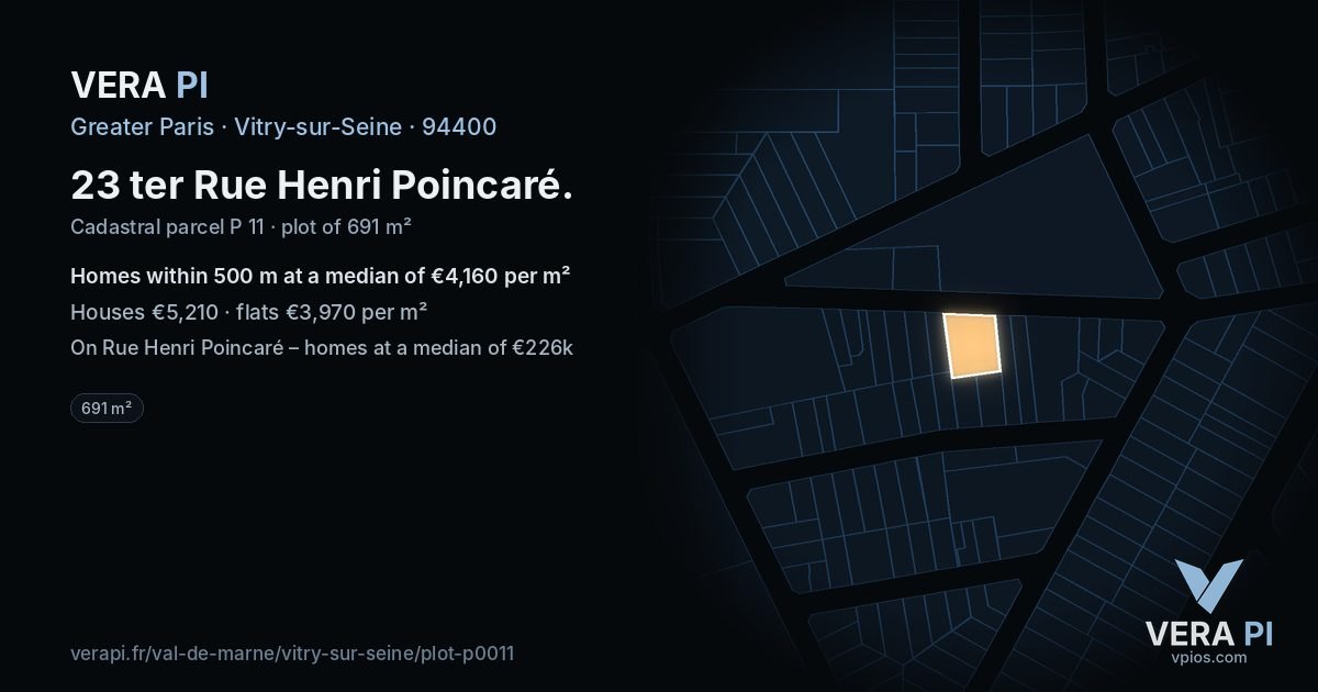23 ter Rue Henri Poincaré, Vitry-sur-Seine at night – the plot lit, the parcels around coloured by the prices near them