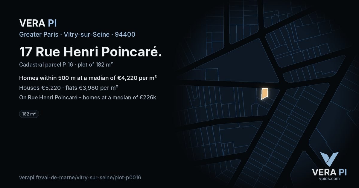 17 Rue Henri Poincaré, Vitry-sur-Seine at night – the plot lit, the parcels around coloured by the prices near them