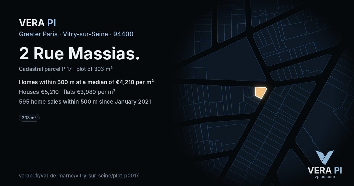 2 Rue Massias, Vitry-sur-Seine at night – the plot lit, the parcels around coloured by the prices near them