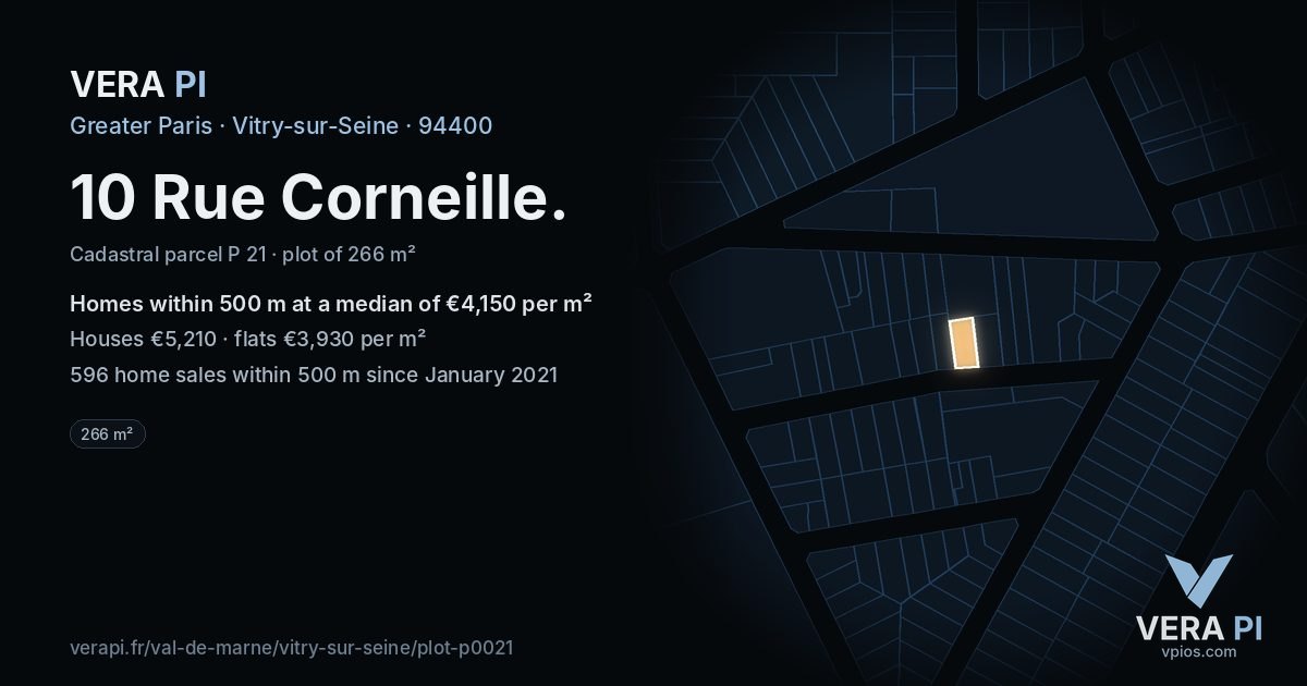 10 Rue Corneille, Vitry-sur-Seine at night – the plot lit, the parcels around coloured by the prices near them