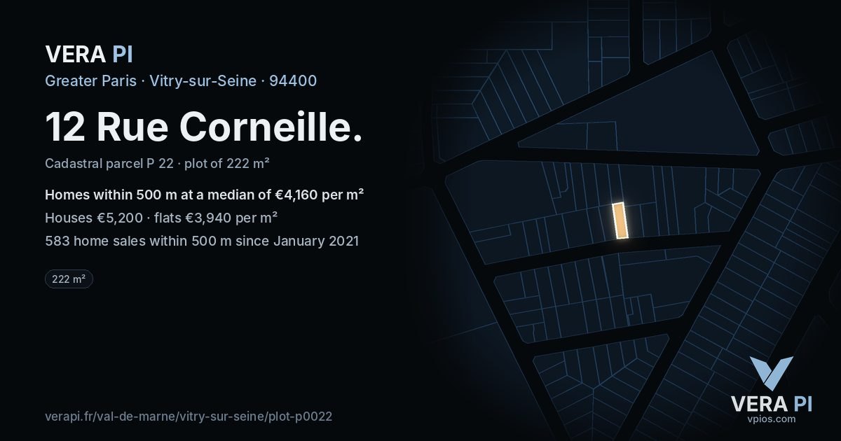 12 Rue Corneille, Vitry-sur-Seine at night – the plot lit, the parcels around coloured by the prices near them