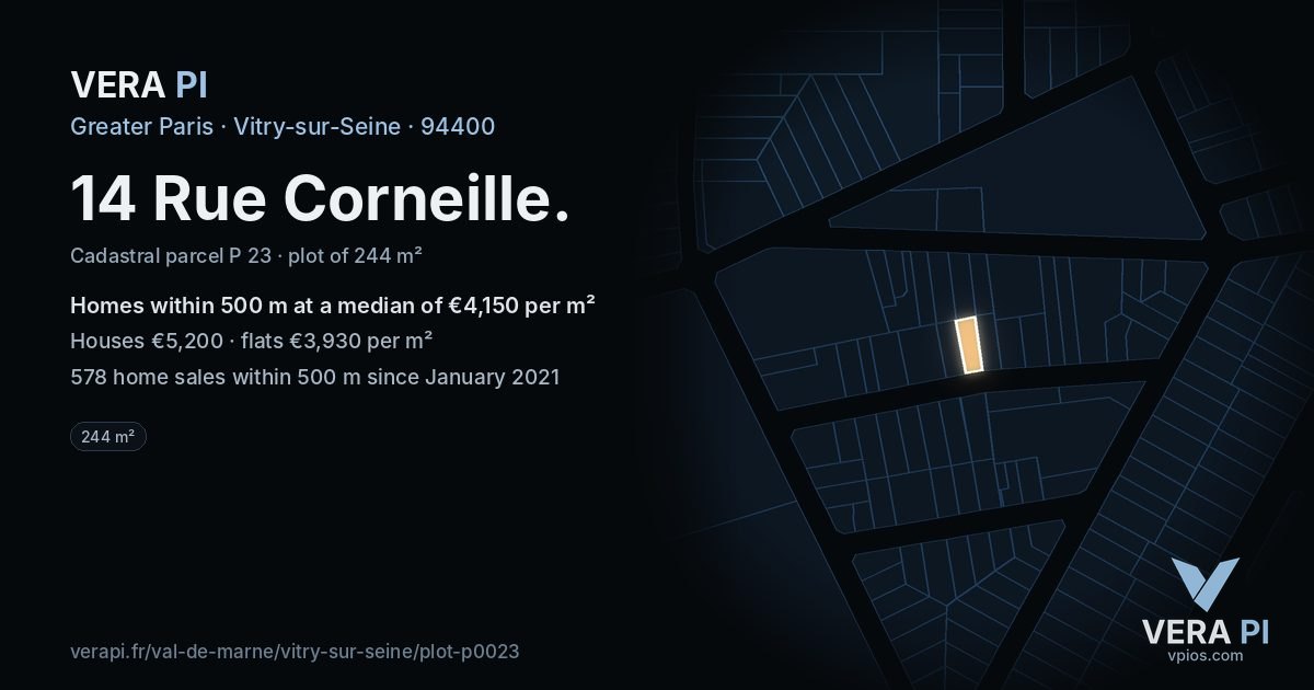 14 Rue Corneille, Vitry-sur-Seine at night – the plot lit, the parcels around coloured by the prices near them