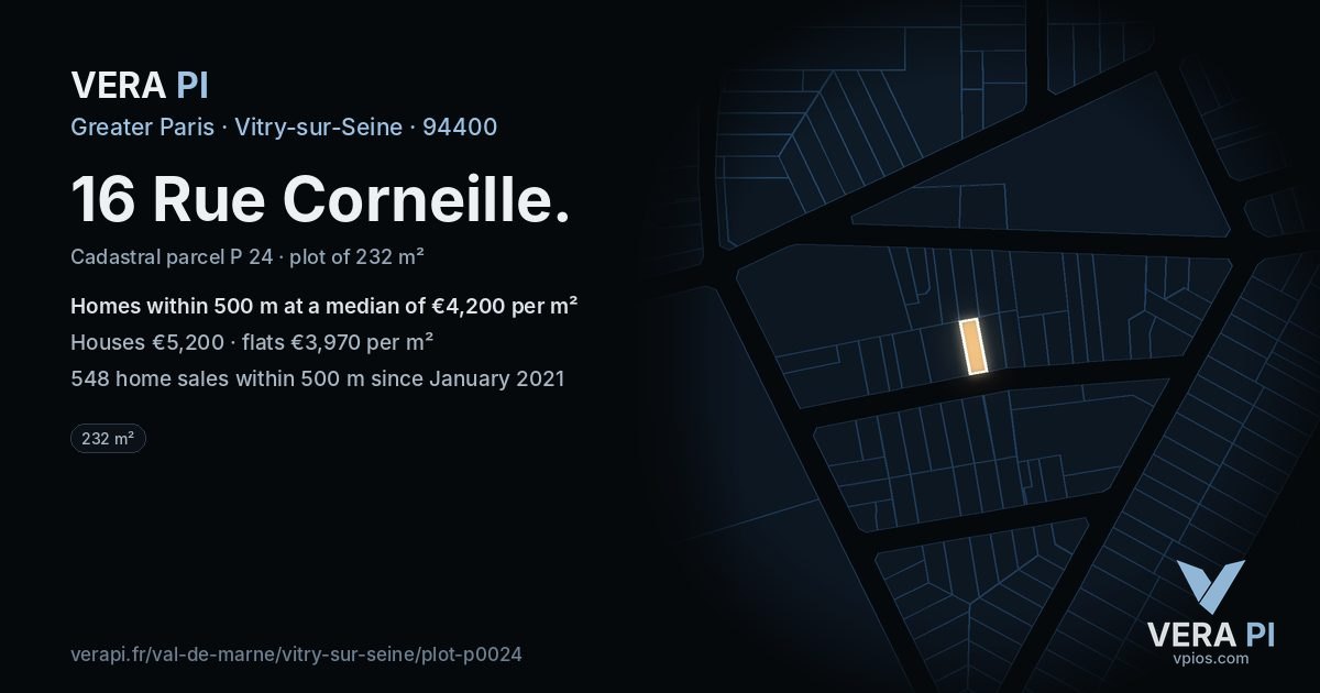 16 Rue Corneille, Vitry-sur-Seine at night – the plot lit, the parcels around coloured by the prices near them