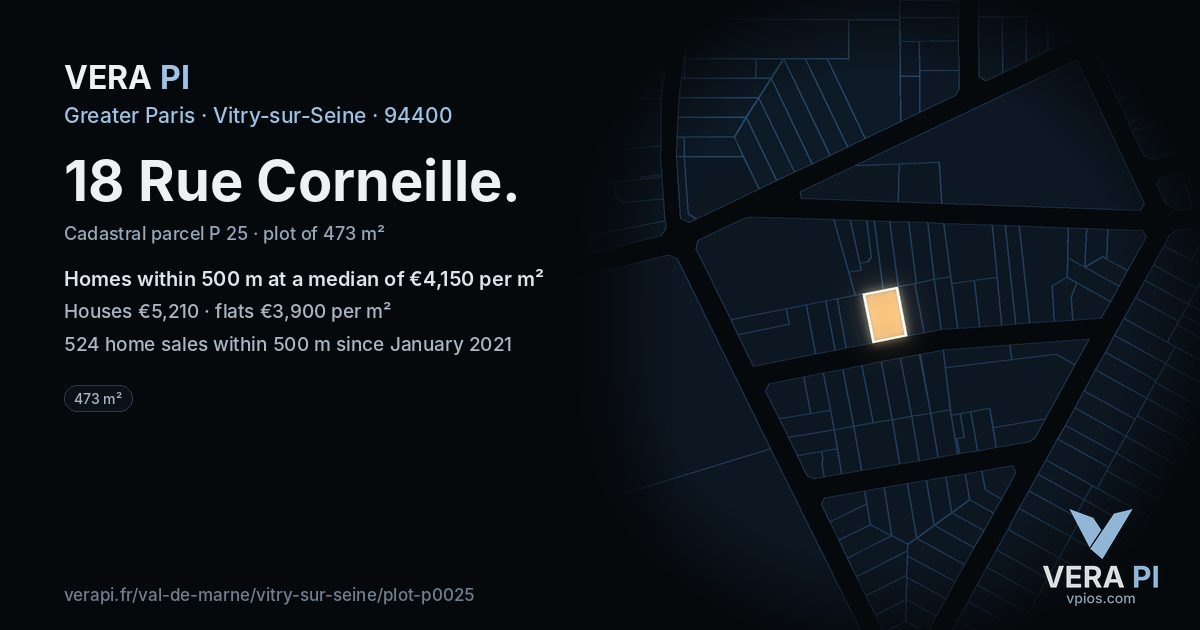 18 Rue Corneille, Vitry-sur-Seine at night – the plot lit, the parcels around coloured by the prices near them