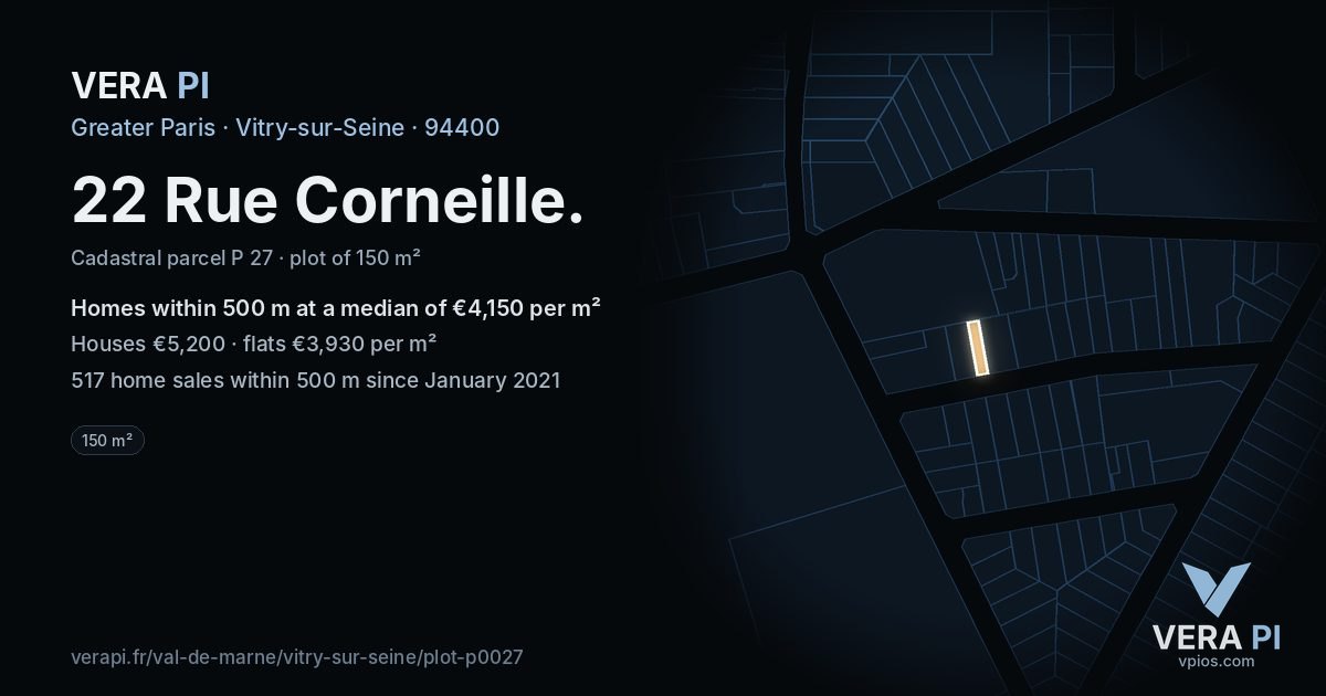 22 Rue Corneille, Vitry-sur-Seine at night – the plot lit, the parcels around coloured by the prices near them