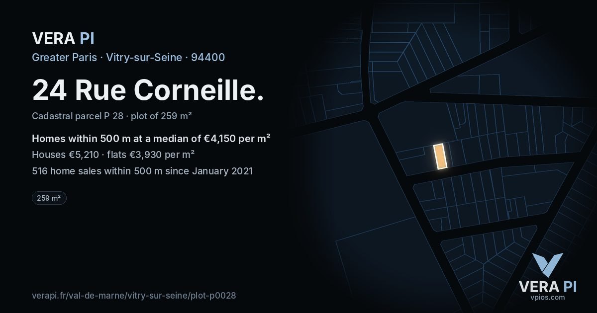 24 Rue Corneille, Vitry-sur-Seine at night – the plot lit, the parcels around coloured by the prices near them