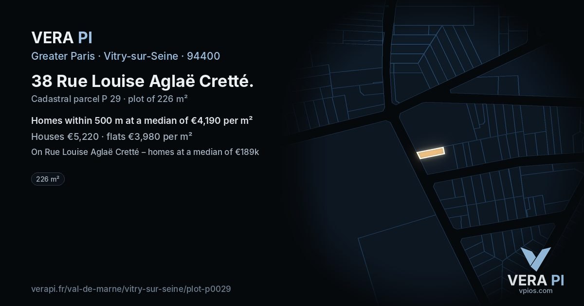 38 Rue Louise Aglaë Cretté, Vitry-sur-Seine at night – the plot lit, the parcels around coloured by the prices near them