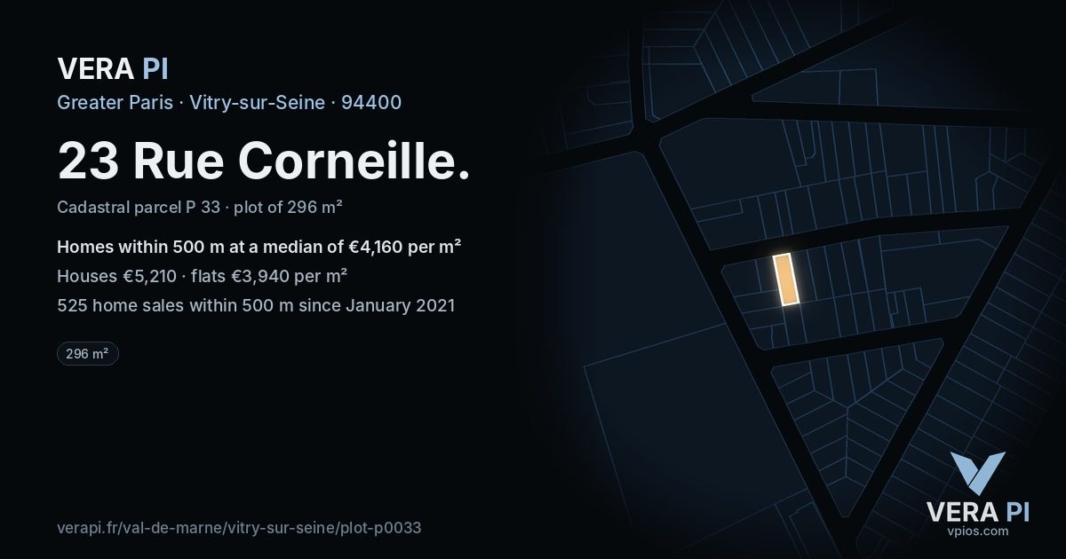 23 Rue Corneille, Vitry-sur-Seine at night – the plot lit, the parcels around coloured by the prices near them