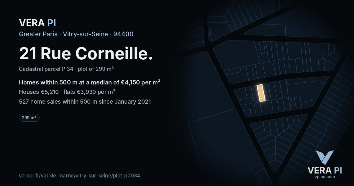 21 Rue Corneille, Vitry-sur-Seine at night – the plot lit, the parcels around coloured by the prices near them