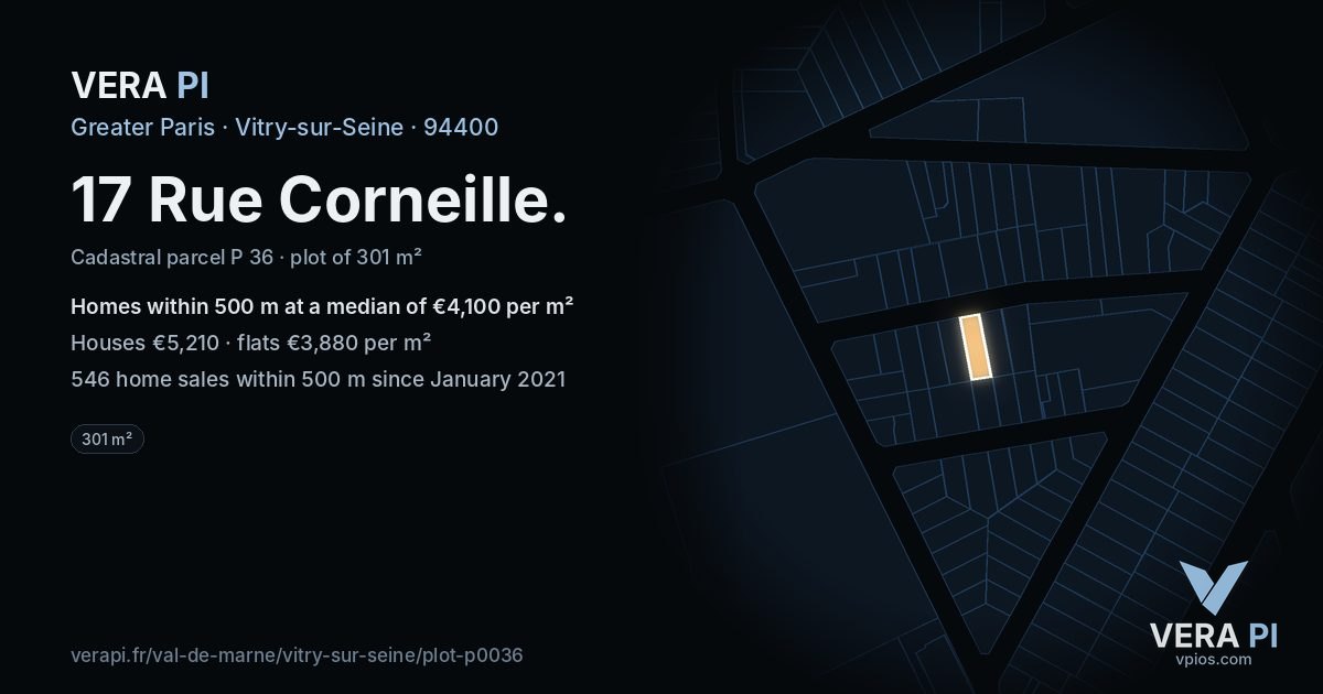 17 Rue Corneille, Vitry-sur-Seine at night – the plot lit, the parcels around coloured by the prices near them